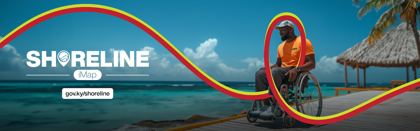 Man strolls down a dock in a wheelchair in the cayman islands as promotion for new accessibility features on cayman islands beach and the new shoreline access map